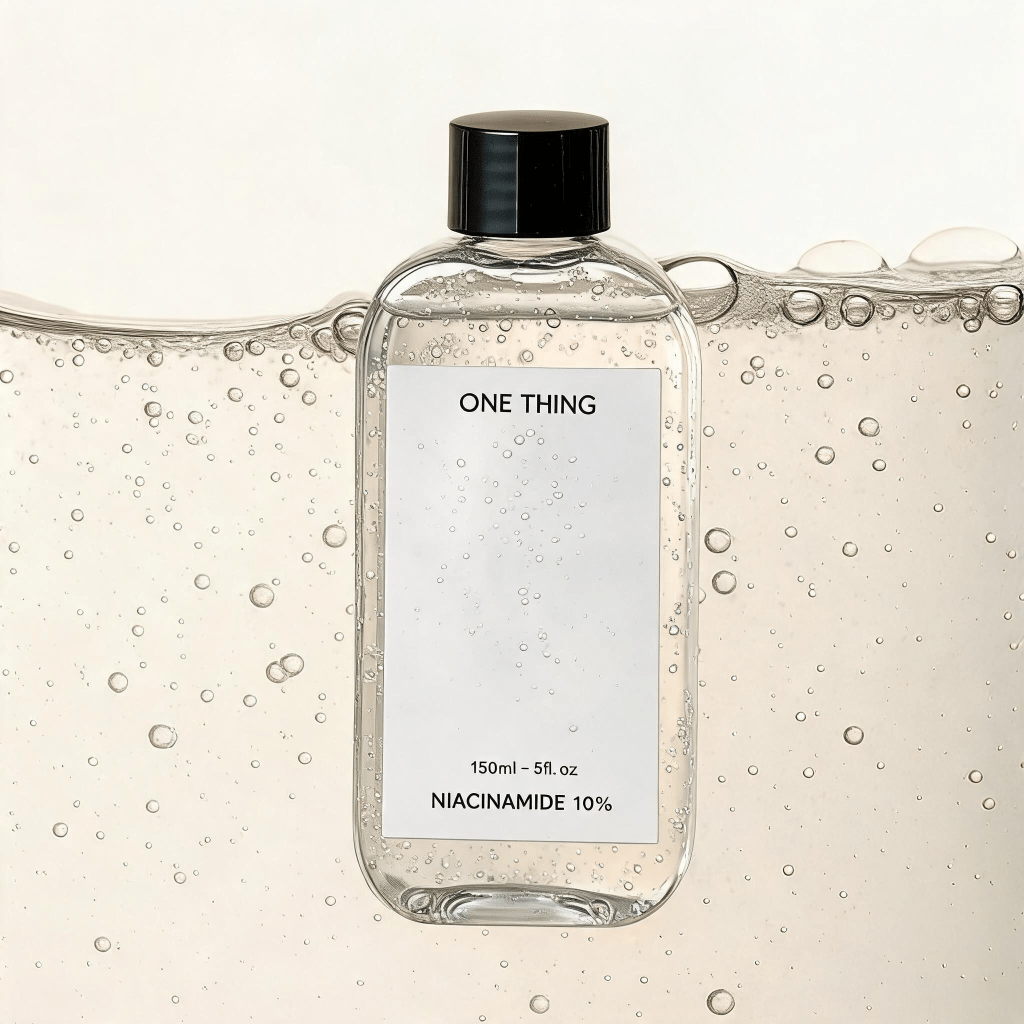 Flacon de sérum niacinamide ONE THING 10 %, immergé dans un gel à bulle