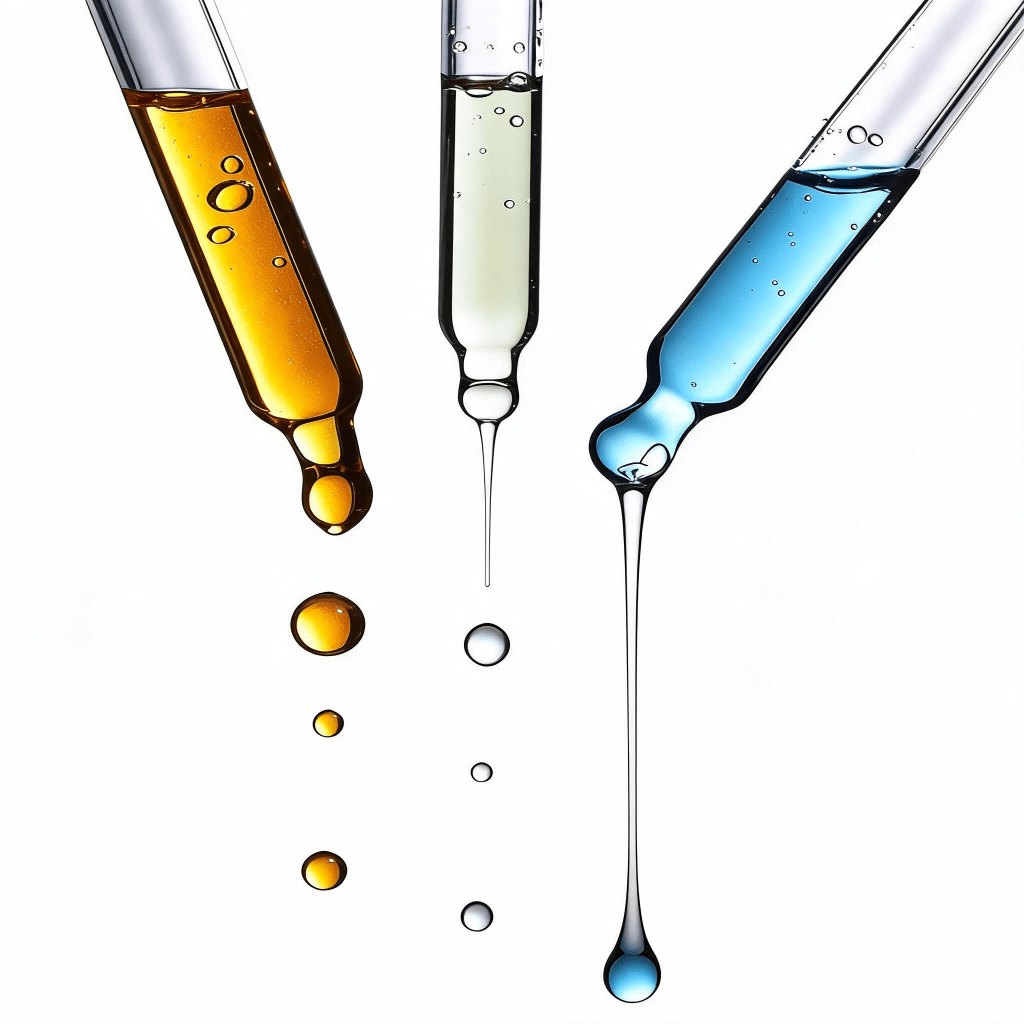 Trois pipettes de soin coréen versant des textures différentes — essence fluide, sérum et ampoule plus visqueuse