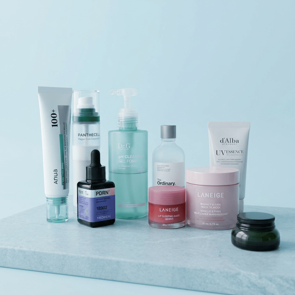 Produits de routine coréenne disposés : nettoyant, sérum, essence et crème